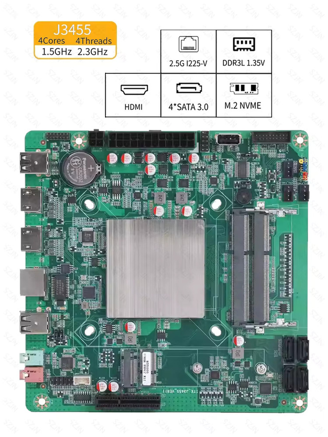SZJN Mini-ITX Motherboard NAS-Set mit DDR3L RAM, 6x SATA3.0, M.2-NVME und 2.5G RJ45 I226-V Ethernet in Grün - Bild 3