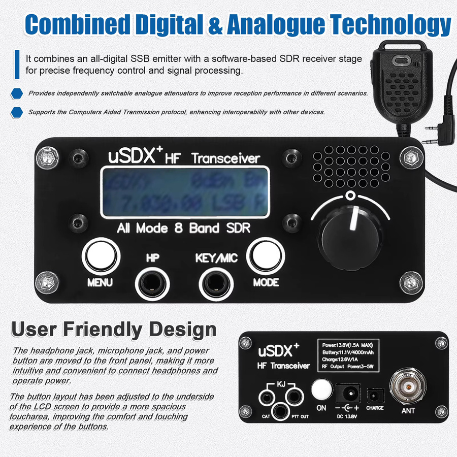 uSDR uSDX+ V2 SDR-Transceiver in Schwarz, 8 Bänder All-Mode Kurzwellen-Transceiver mit SSB, CW, AM, QRP und BNC-Antennenanschluss - Bild 4
