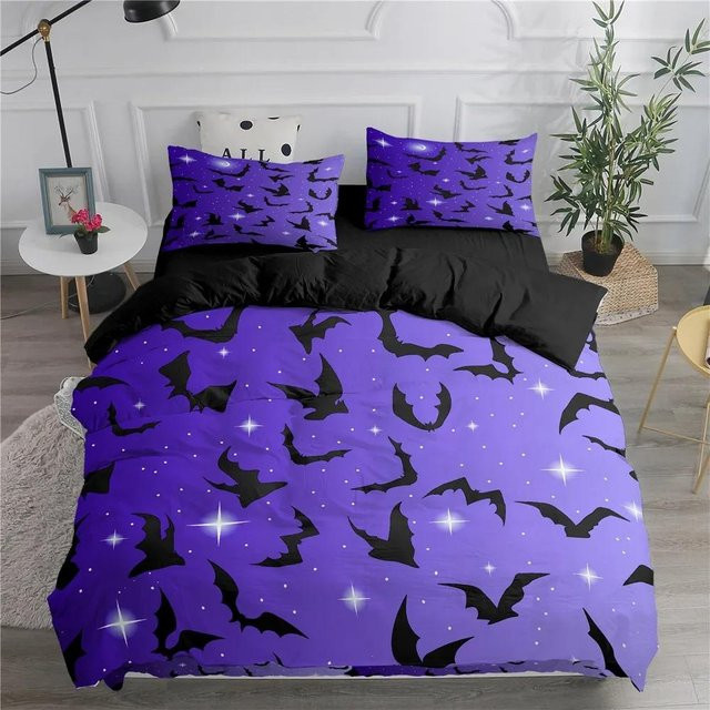 Bettwäsche Set mit Fledermaus-Motiv in Schwarz und Lila, bestehend aus Bettbezug und Kissenbezug aus Mikrofaser, Breite: 100 cm, Länge: 150 cm - Bild 1