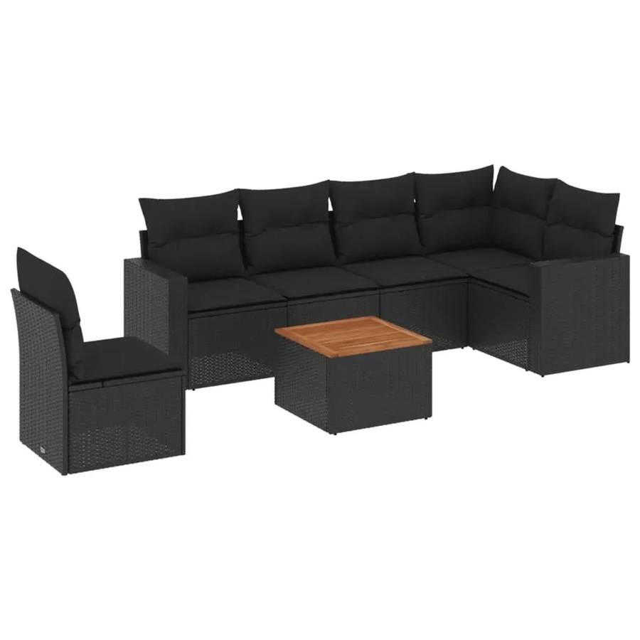 vidaXL 7-teilige Garten-Sofagarnitur in L-Form aus schwarzem Poly-Rattan mit Kissen und Akazienholz - Bild 2