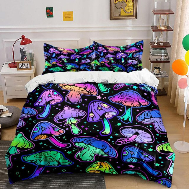 Bettwäsche-Set mit Neon Psychedelic Pilzmuster, 1 Bettbezug und 2 Kissenbezüge, Mehrfarbig, B/H: 200 x 230 cm - Bild 1