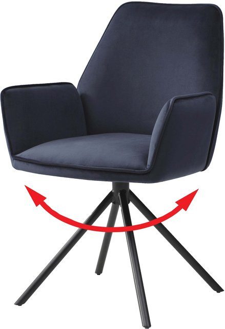 MCW Esszimmerstuhl G67 mit Armlehnen aus Samt in Anthrazit-Blau und schwarzen Beinen, drehbar mit Auto-Return-Funktion - Bild 1