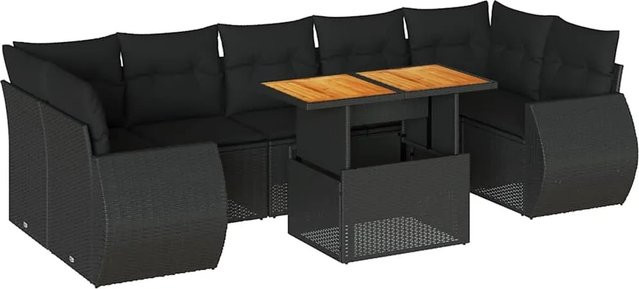 vidaXL 8-tlg. Garten-Sofagarnitur in L-Form aus Poly-Rattan und Akazienholz mit Kissen in Schwarz - Bild 1