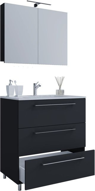 VCM Badmöbel Set Badinos 3-tlg. Waschplatz in Schwarz mit Spiegelschrank, Waschbecken und Unterschrank mit 3 Schubfächern, B/H/T: 80 x 86 x 46 cm - Bild 1