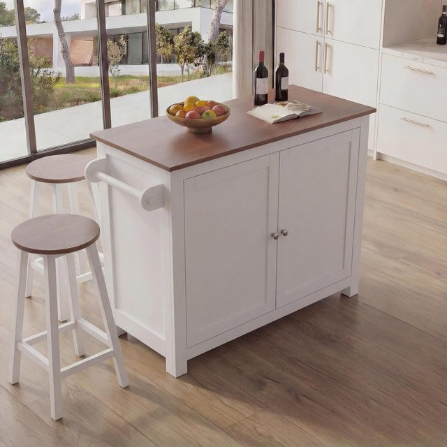 Kücheninsel MCW P61 mit 2 Sitzhockern und Staufächern in Landhausstil, Farbe Weiß und helles Holz, MDF, H x B x T: 90 x 120 x 45 cm - Bild 2