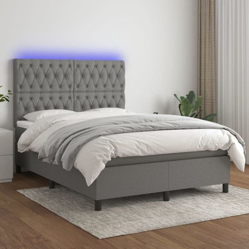 vidaxl Boxspringbett mit Matratze und LED in Dunkelgrau, B/T/H: 140 x 190 x 118 cm, Stoff und Holzwerkstoff, Modern - Bild 1