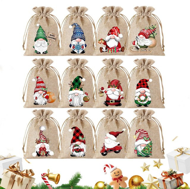 12er Set kleine Sackleinenbeutel aus Jute in Beige mit Kordelzug für Weihnachten und Advent - Bild 1