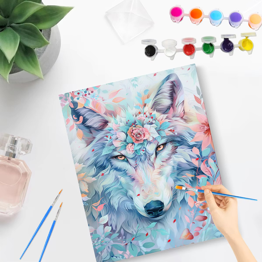 PhotoCustom Malen nach Zahlen Set Schnee Wolf Tier Motiv mit Rahmen und Acrylfarben für Erwachsene in Mehrfarbig - Bild 2