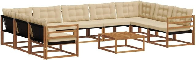 vidaXL Outdoor-Sofagarnitur aus massivem Akazienholz in U-Form, 10-teiliges Set mit Textilene-Bezug und wetterfesten Kissen, Natur und Beige - Bild 1