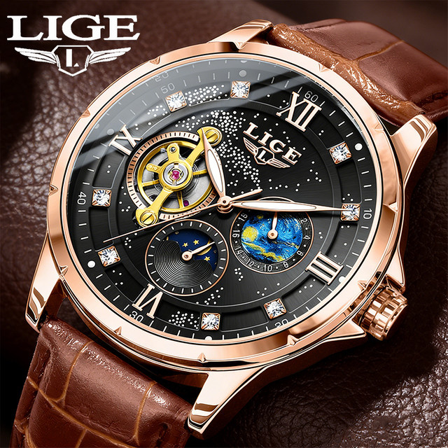 LIGE Armbanduhr Automatik, Diamant, Bicolor, Leder, Herren - Bild 1