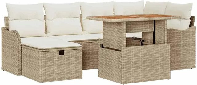 vidaXL Garten-Sofa-Set aus Poly-Rattan und Akazienholz mit Kissen und Speicherfunktion, 7-teilig, Beige - Bild 1
