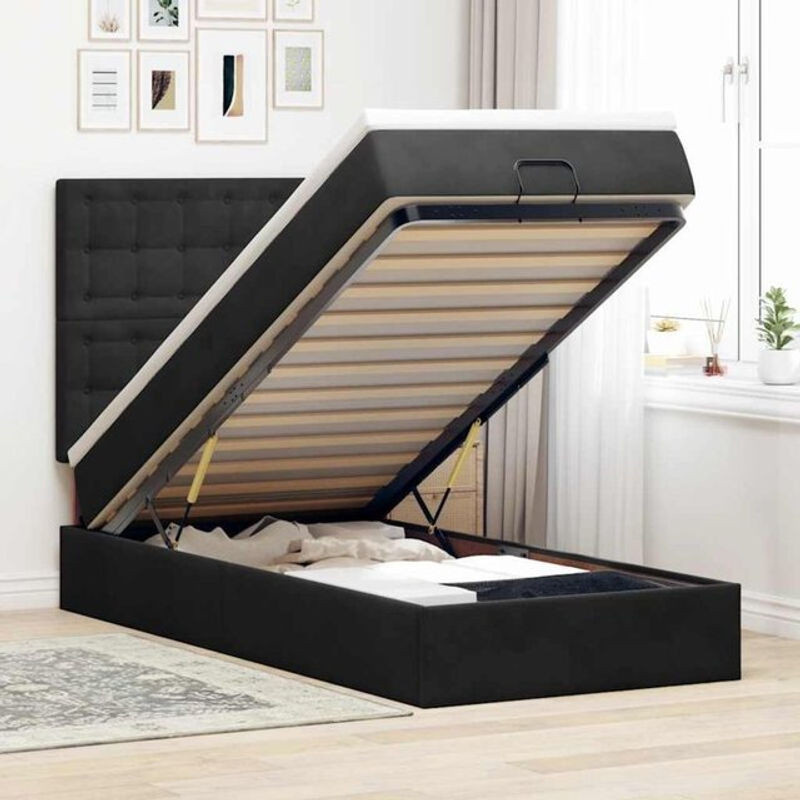 vidaxl Ottoman Polsterbett mit Matratze und LED in Schwarz aus Samt, B/T: 100 x 200 cm - Bild 1