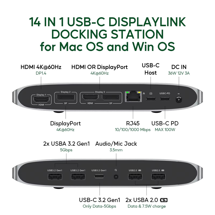 PULWTOP Displaylink-Dockingstation in Grau mit 2 HDMI 4K bei 60 Hz, 2 DisplayPort, USB-C, 4 USB-A, Ethernet und Audio - Bild 2