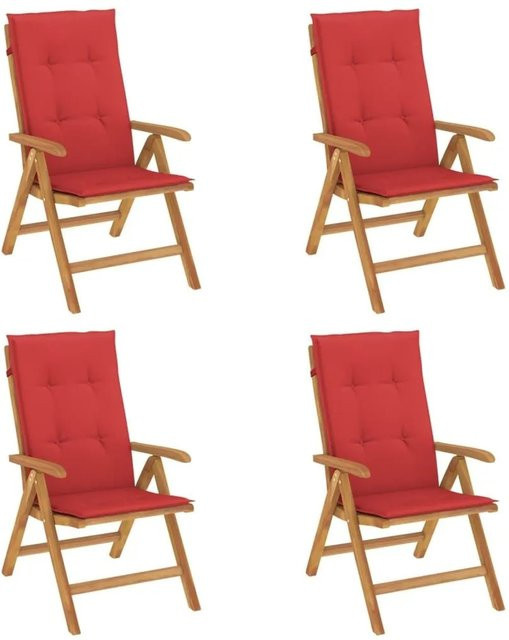 vidaXL Gartenstühle Set aus Teakholz mit roten Kissen, 4 Stück - Bild 1