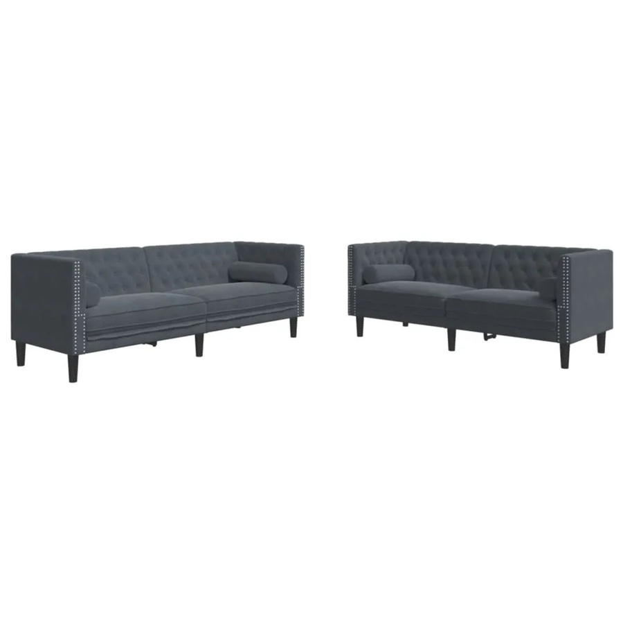 vidaXL 2-teiliges Chesterfield-Sofa-Set aus Samt in Grau mit Nackenkissen und Massivholzrahmen - Bild 2
