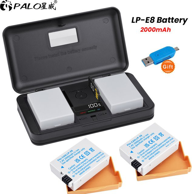 Canon LP-E8 Akku mit 2000 mAh und LCD USB Dual Ladegerät in Schwarz für EOS Rebel T3i T2i T4i T5i 600D 550D 650D 700D Kiss X5 X4 X6 X7 - Bild 1