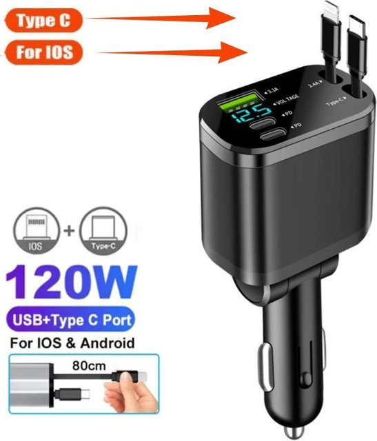 YJMP 100W Autoladegerät mit USB Typ C und einziehbarem Kabel in Schwarz mit Spannungsanzeige - Bild 1