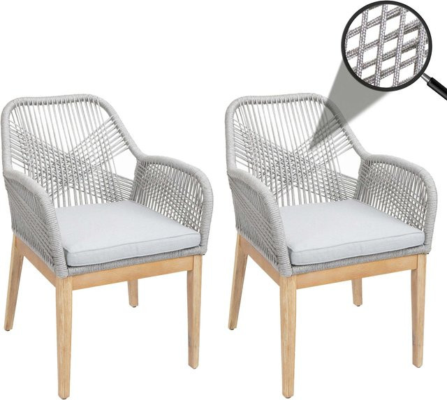 2er-Set MCW Gartenstühle H56b aus Akazie mit Seilgeflecht und hellgrauen Kissen - Bild 1