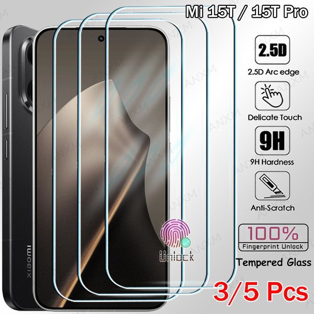3/5 Stück Gehärtetes Glas Schutzfolie für Xiaomi Mi 15T und 15T Pro, Transparent, Ultraschall-Fingerabdruck-Entsperrung kompatibel - Bild 1