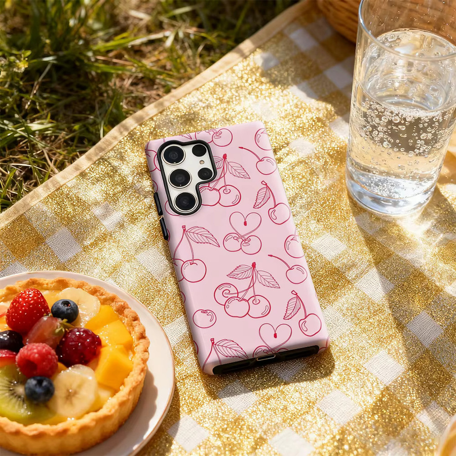 Potdemiel Cherry Outline Handyhülle für Samsung Galaxy S25 Ultra, S24 und S23 Ultra Plus in Pink mit glänzender doppellagiger Rückseite - Bild 4