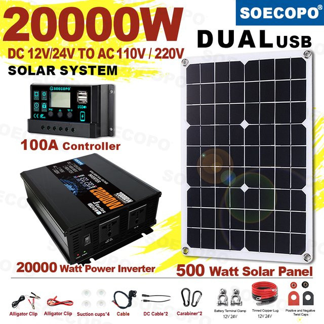 SOECOPO Solarsystem-Set 20000 W in Schwarz mit 500 W Solarpanel, 100 A Controller-Wechselrichter und 2 Steckdosen für 12 V/24 V sowie 110 V/220 V für Zuhause und Camping - Bild 1