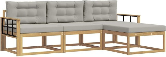 vidaXL Outdoor-Sofagarnitur 4-teilig in L-Form mit Ottoman, Weiß und Grau, aus Akazienholz und UV-beständigem Polyester - Bild 1