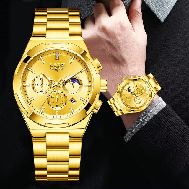 LIGE Armbanduhr Quarz, Edelstahl, Gold, Datum, Mondphase, Herren - Bild 1