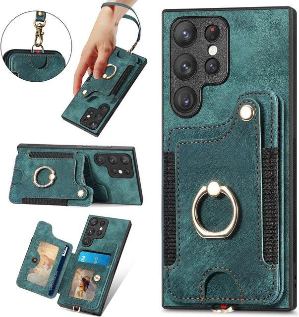 Lederhülle mit Ringhalter und magnetischer Geldbörse für Samsung S23 S22 Ultra S21 S20 und Poco X5 Pro, Kartensteckplatz und Riemen, Farbe: Grün - Bild 1
