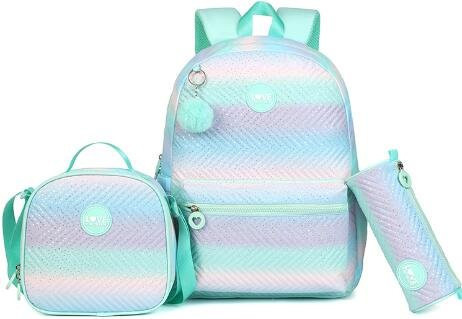 3-teiliges Rucksack-Set für Mädchen von Fancy Style Studio mit Schultasche, Brotdose und Federmäppchen, mehrfarbig, 18 Zoll - Bild 1