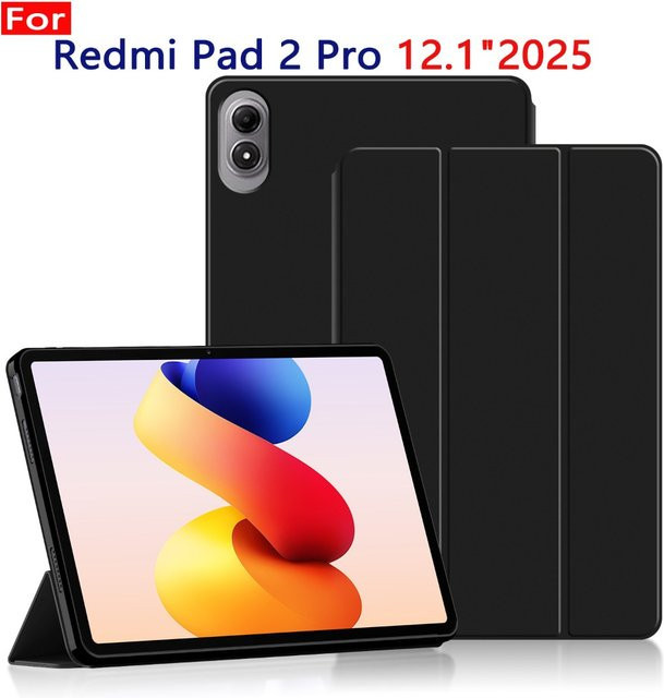 Smart Case für Xiaomi Redmi Pad 2 Pro 12,1 Zoll 2025 in Schwarz mit magnetischem Lederständer und weicher TPU-Rückschale - Bild 1