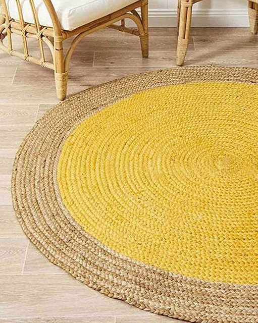 Handgewebter Boho-Jute-Teppich von Durries India Art, rund, beige/gelb, Durchmesser: 180 cm - Bild 1