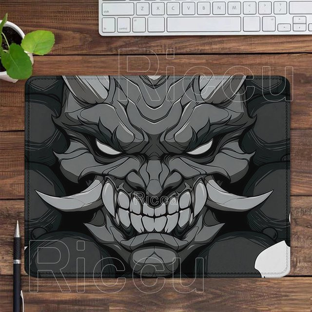 Riccu Mauspad Ghost Face mit japanischer Samurai-Teufelsmaske in Schwarz-Weiß, rutschfestes Gaming-Mauspad mit HD-Druck - Bild 1