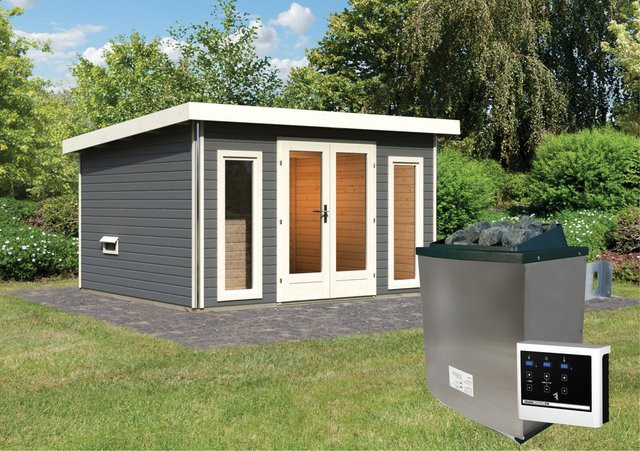 Saunahaus MAINBURG 2 mit Vorraum in Terragrau inklusive 9.0 kW Ofen, Steuergerät und Set A mit 2 Liegen, B/T/H: 369 x 309 cm, Saunafläche: 200 x 170 cm - Bild 1