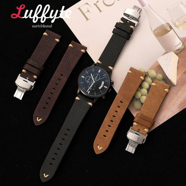 luffyte Uhrenarmband Leder, Lychee-Textur, Schmetterlingsverschluss Edelstahl, Schwarz, Herren - Bild 1
