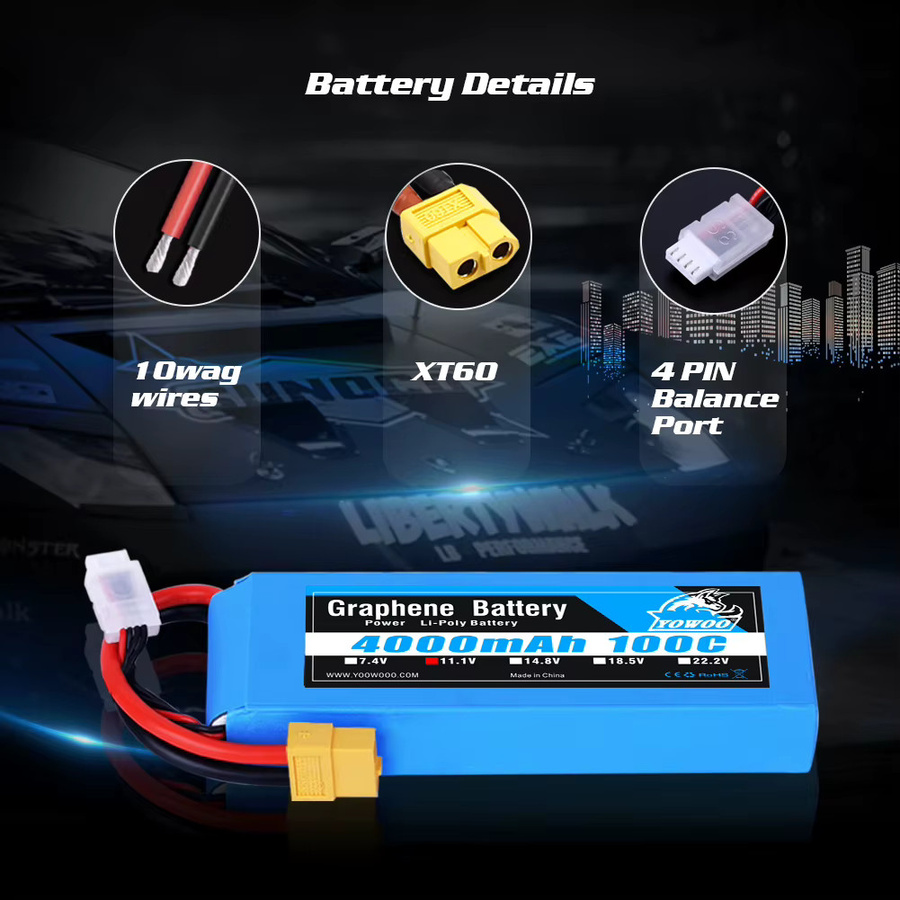Yowoo Graphene Li-Ion Akku 4000mAh mit 100C für RC Quadcopter, Hubschrauber, Boot, Auto und Flugzeug in Blau - Bild 4