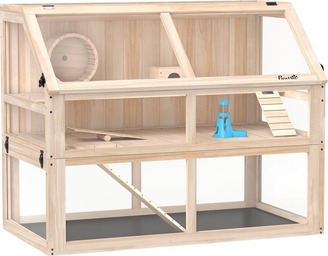 PawHut Hamsterkäfig aus Holz in Braun mit 3 Etagen, Laufrad, Wippe und Hütte, Nagerkäfig für Zwerghamster, B/T/H: 95 x 53 x 76 cm - Bild 1