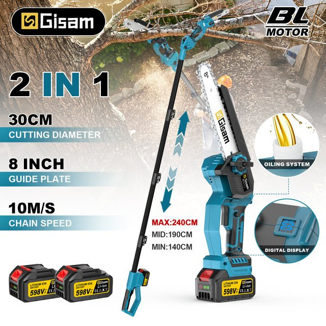 Gisam 2-in-1 Bürstenlose Teleskop-Elektrokettensäge 8 Zoll 4500W Garten-Hochastsäge in Blau für Makita 18V Akku - Bild 1