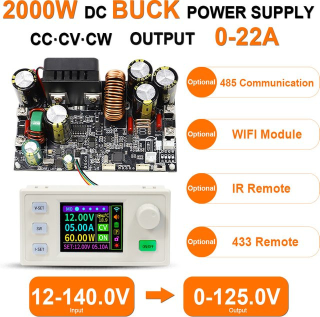 XY12522S CNC DC Buck Netzteil 2000W mit CV CC CW Ausgang 0-125V und 22A, Einstellbarer Eingang 12-140V, WIFI, RS485 und IR Steuerung - Bild 1