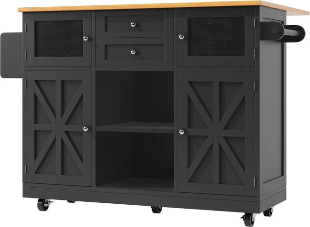 Merax Kücheninsel mit Arbeitsplatte in Holzoptik und Schwarz, Rollbar mit verstellbaren Böden im Industrial Design, B/T/H: 140,0 x 93,5 x 76,0 cm - Bild 1