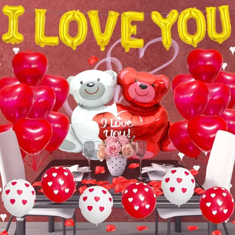 YAYB Folienballon-Set für Valentinstag und Jahrestag mit I Love You Buchstaben, Herzballons und Bär in Rot - Bild 4