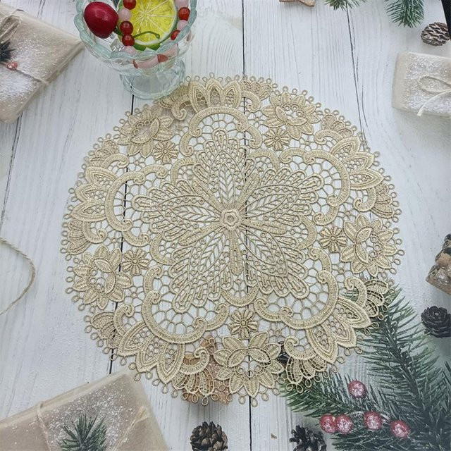 Yiran Furniture Häkeluntersetzer mit floraler Stickerei aus Baumwolle, Beige, Durchmesser: 26 cm - Bild 1