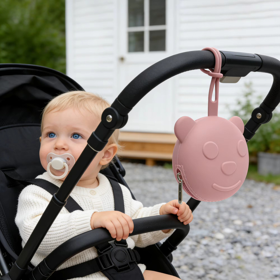 Tragbare Silikon-Schnullerbox mit Smiley-Bären-Design in Pink inklusive Aufhänger für Kinderwagen und Wickeltaschen - Bild 2