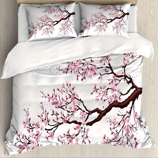 Lodestar Bettbezug-Set mit Japanischem Berg Fuji und Sakura Blumen Design, 3D-Druck, Mehrfarbig, B/H: 135 x 200 cm - Bild 1