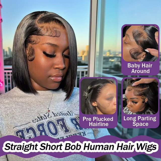 Bob-Perücke aus Echthaar, kurz, glatt, Natur Schwarz, 200 % Dichte, 13x4 HD Lace Frontal, Damen - Bild 1