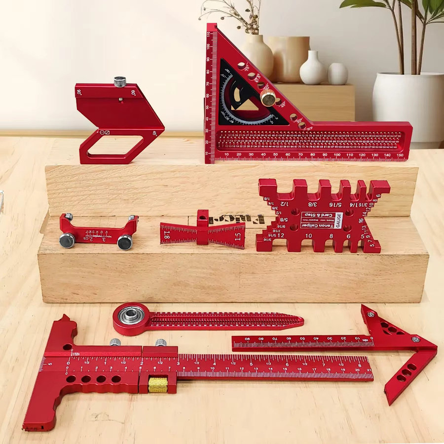 FNICEL 9-teiliges Holzbearbeitungs-Set mit Box inklusive Aluminium-Anreißlineal, Mittelsucher, Zeichenkompass und Höhenmesser - Bild 5