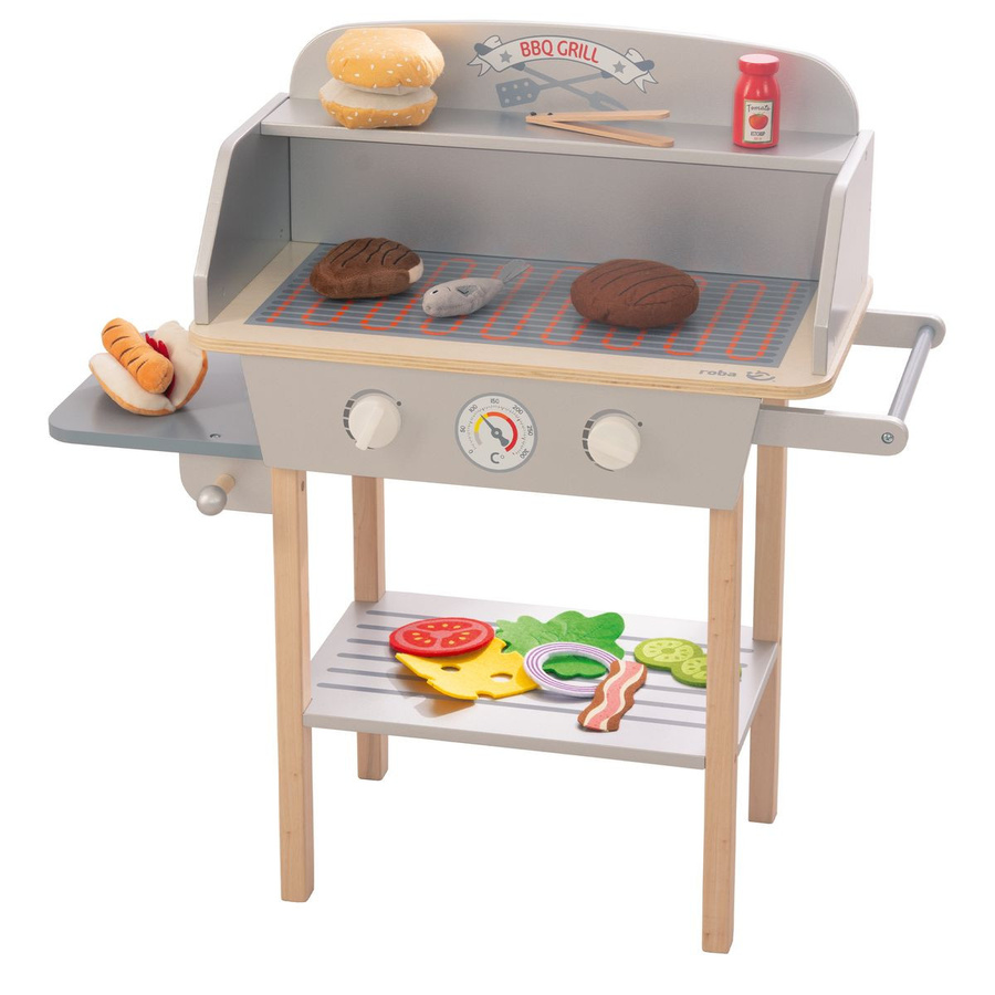 Roba BBQ Grill mit Grillzange, Holz-Ketchupflasche, 14-teiliges Set, Grau Braun, ab 3 Jahren - Bild 1