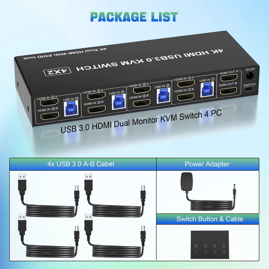 AIMOS 4 in 2 Out HDMI Dual-Monitor-KVM-Switch in Schwarz mit 4K@60Hz Unterstützung, EDID und 3 USB 3.0 Anschlüssen für 4 PCs zur Steuerung von Tastatur und Maus - Bild 6