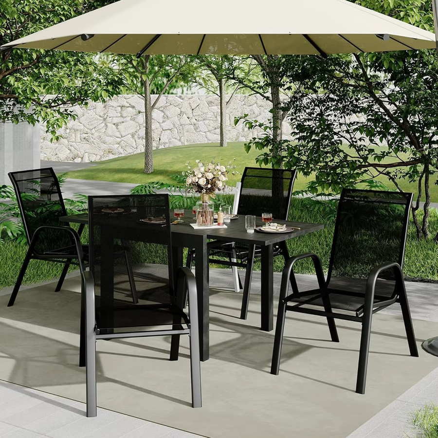 HiMISS 4er-Set stapelbare Gartenstühle aus Textilene und Metall in Schwarz, wetterfeste Outdoor-Stühle für Terrasse, Garten und Balkon - Bild 6