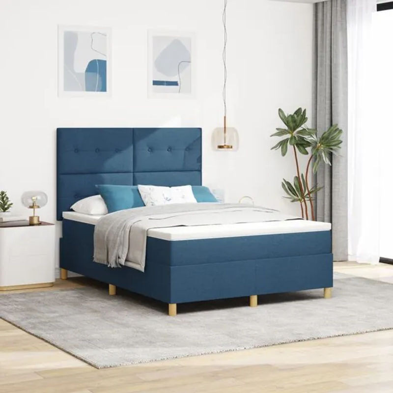 vidaXL Boxspringbett mit Matratze und Kopfteil in Blau aus Stoff, B/T/H: 140 x 190 x 128 cm - Bild 1