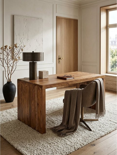 Schreibtisch aus Sheesham Massivholz im Landhausstil von KADIMA DESIGN, Braun, B/T/H: 140 x 80 x 76 cm - Bild 1